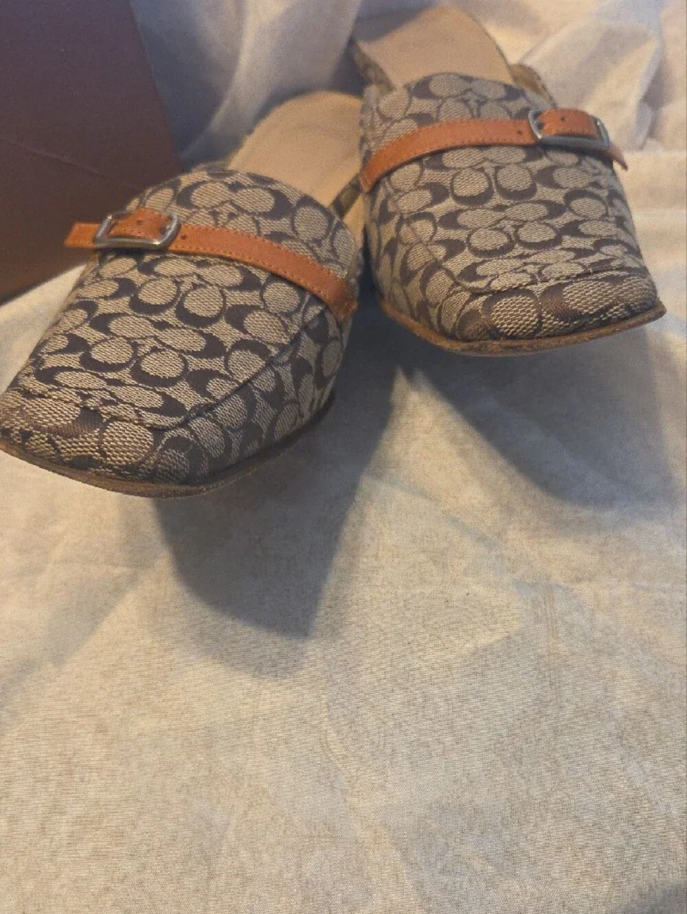 Coach Brown Signature Monogram Slip-On Mules with Tan Strap